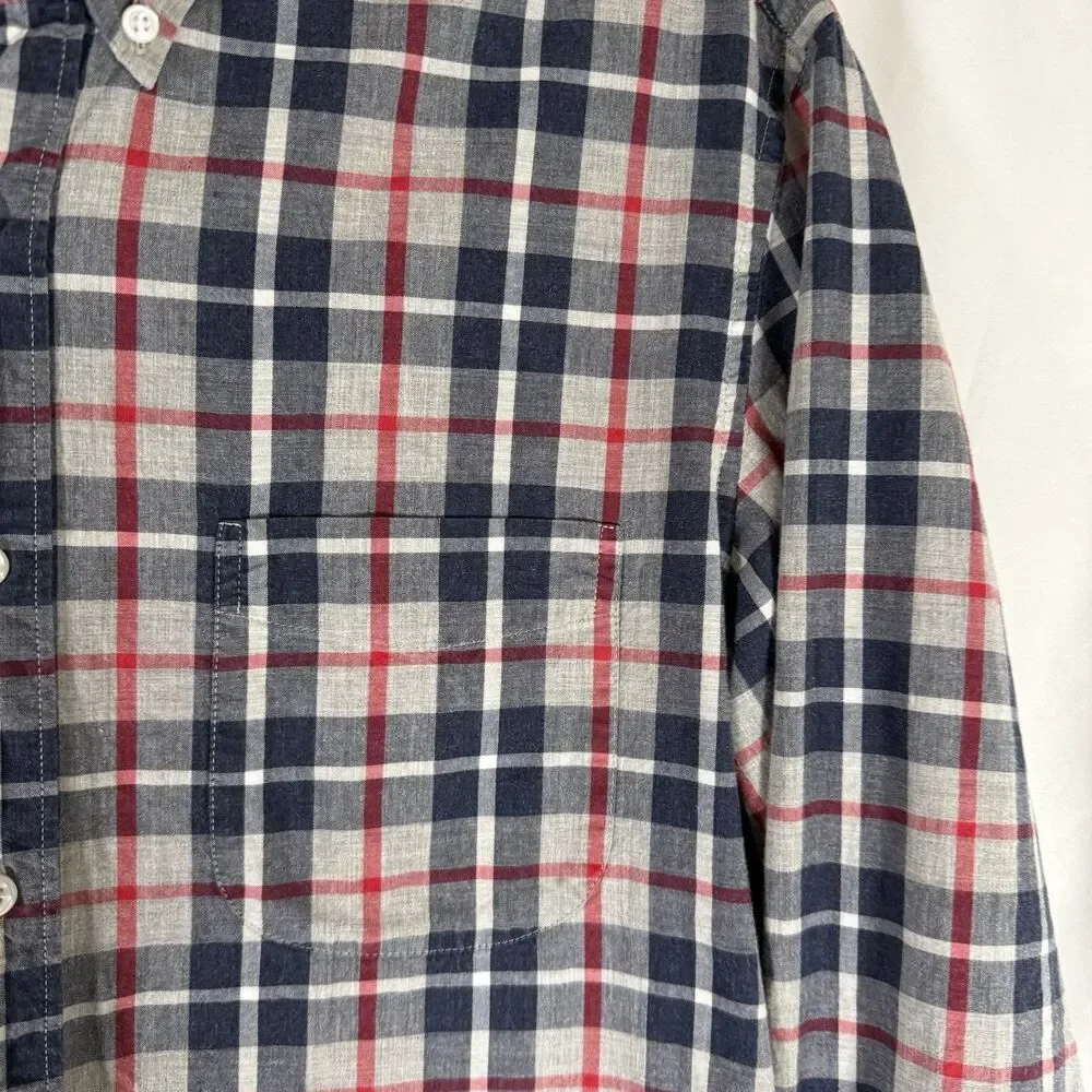 J Crew Button Up Shirt Men's Medium Blue Red Plaid Slim Fit Pocket Long Sleeve